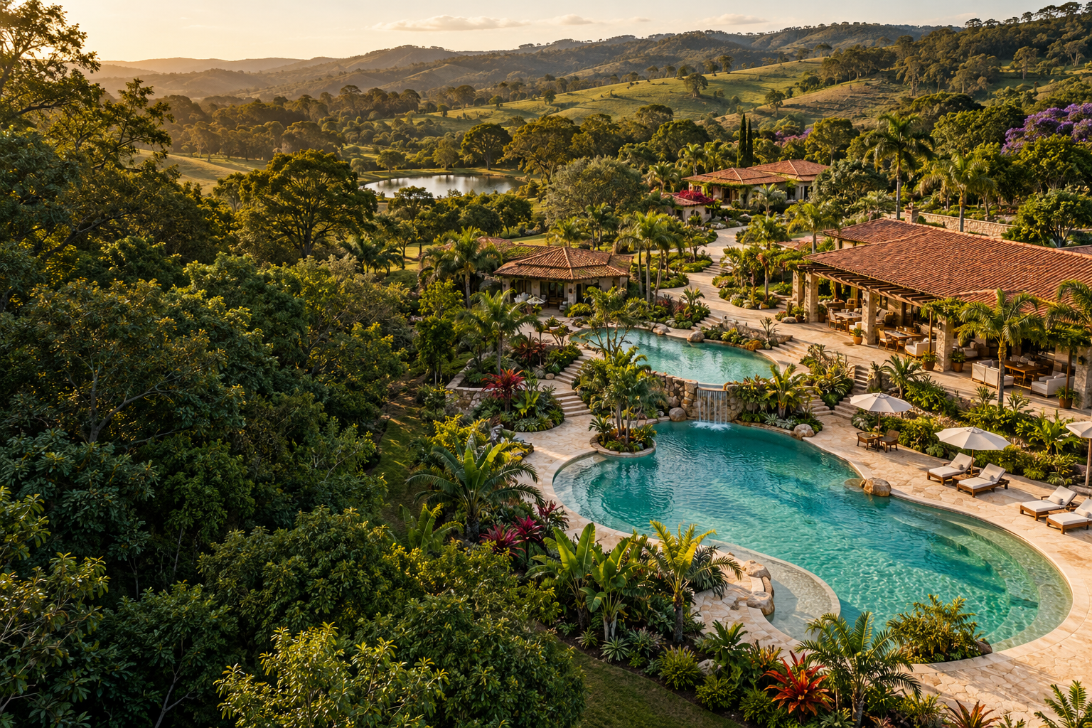 Imagem conceitual de um resort no campo, gerada por IA